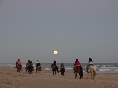 un grupo de personas montando a caballo en la playa en Aloha Village, en La Pedrera