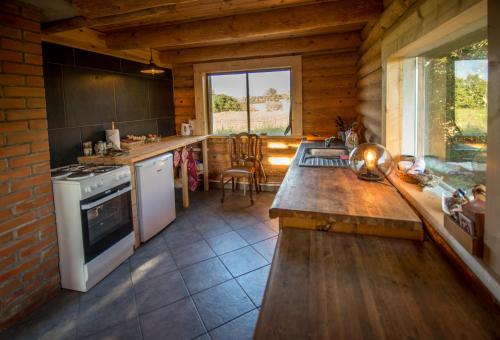 a kitchen with a counter and a stove top oven at Northern Zen in Kaunispe