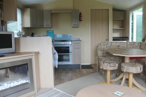 a kitchen with a living room with a fireplace at The Valley Static Caravan in Pembrokeshire