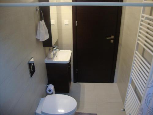 bagno con servizi igienici bianchi e lavandino di Studio Vasileios-The Best Luxury Guest Room in Spili a Spílion