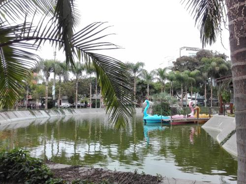 a pool of water with a blue paddle boat in it at Los Q'eros in Lima