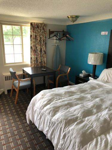 een slaapkamer met een bed, een bureau en een raam bij Gratiot View Motel in Saginaw