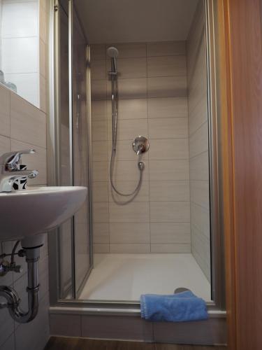 La salle de bains est pourvue d'une douche et d'un lavabo. dans l'établissement Ferienwohnung Gerhard Lenz, à Ellenz-Poltersdorf