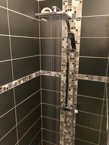 La salle de bains est pourvue d'une douche et de carrelage noir. dans l'établissement Centre ville Colmar, parking, à Colmar