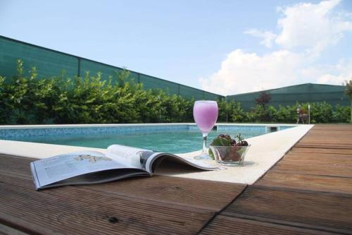 a book and a drink on a table next to a pool at Villa Perlla in Split