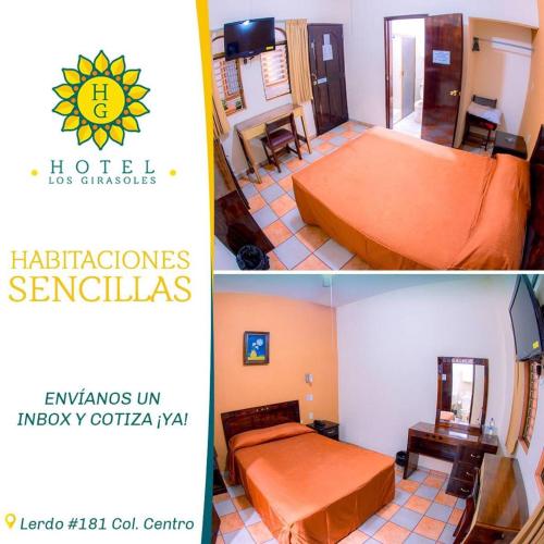 dos fotos de una habitación de hotel con una cama y una habitación en Hotel Los Girasoles en Tepic