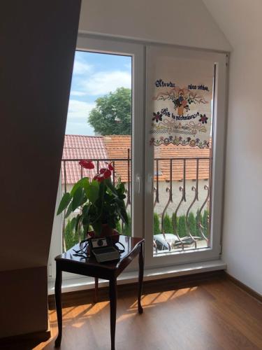 a room with a window with a table and a plant at Vila Mária Rapovce in Rapovce