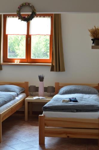 a bedroom with two beds and a window at Ubytování U Valašských ponožek in Hovězí