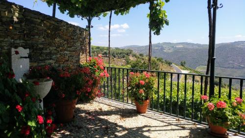 a balcony with flowers and a fence with a view at Casa da Seara in Casal de Loivos