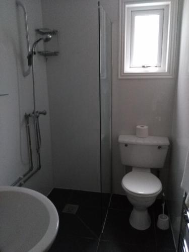 a bathroom with a toilet and a sink and a window at 64 Wardo Avenue in London