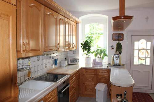 eine Küche mit Holzschränken, einem Waschbecken und einem Fenster in der Unterkunft Appartement "Blumengassl" in Mörbisch am See