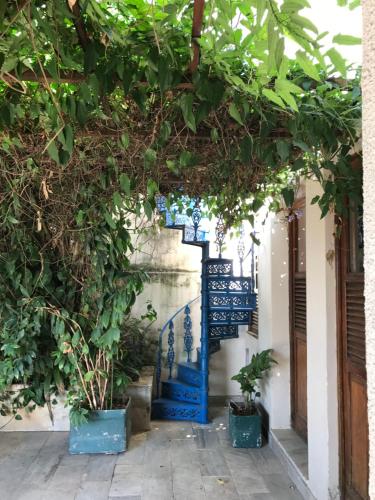 una puerta azul en un edificio con plantas en Guest house with stunning view, en Río de Janeiro