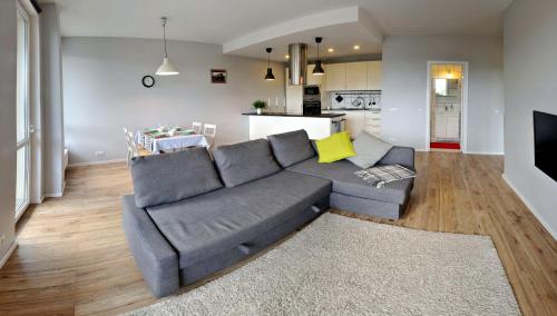 een woonkamer met een grijze bank en een keuken bij Dzuku apartment 40 in Vilnius