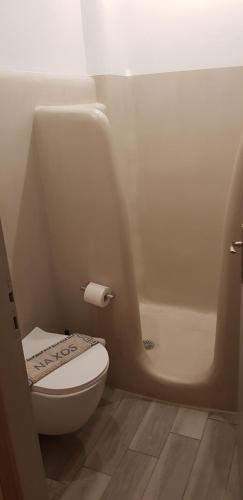 a bathroom with a toilet and a bath tub at Pension Verykokkos in Naxos Chora