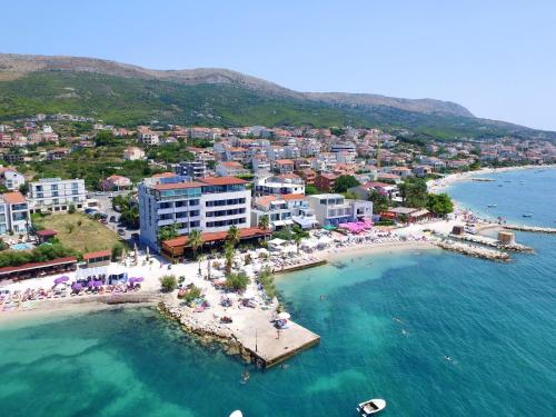 an aerial view of a beach with a resort at Hotel San Antonio in Podstrana