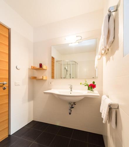 a bathroom with a sink and a mirror at Baumgartnerhof in Natz-Schabs