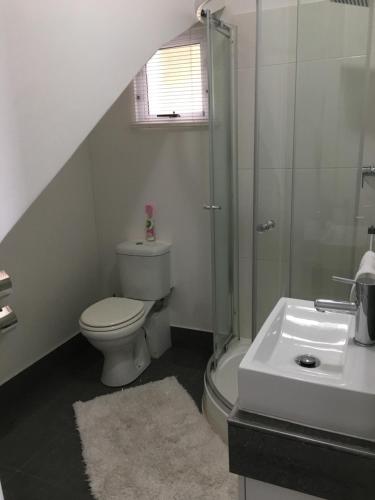 uma casa de banho com um WC, um chuveiro e um lavatório. em Tranquillo em Mossel Bay