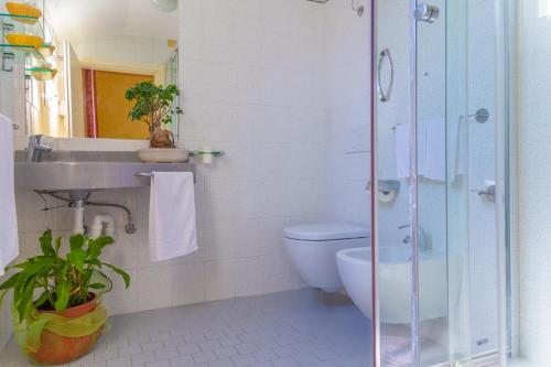 e bagno con servizi igienici, lavandino e doccia. di Hotel Executive La Fiorita a Rimini