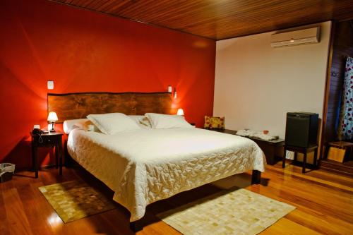 a bedroom with a bed and a red wall at Pousada Pinhal Alto in Nova Petrópolis