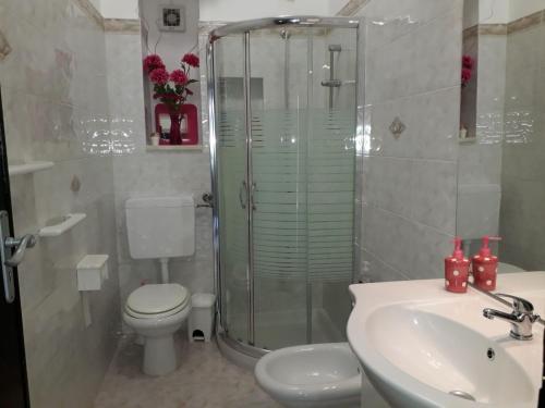 a bathroom with a shower and a toilet and a sink at Casa Sabrina in Lipari