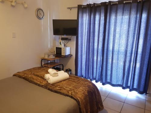 a bedroom with a bed with blue curtains and a tv at Kgosi Lodge in Kimberley