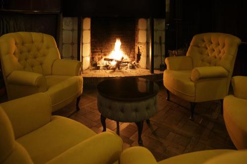 a living room with a fireplace and chairs and a fire place at Castle Spa Wagenküll in Taagepera