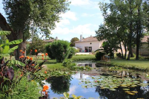 a garden with a pond with lilies and a house at Clos Bernon in Libourne