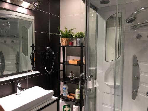カルダス・ダ・ライーニャにある120 Central Apartmentのバスルーム(シャワー、シンク、鏡付)