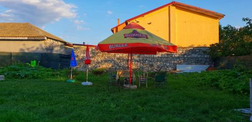 a red and green umbrella sitting in the grass at Casa Enka in Tuzla