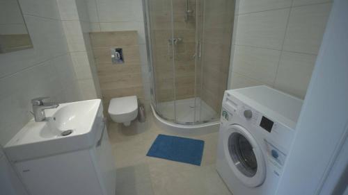 uma casa de banho com uma máquina de lavar roupa e um lavatório em Bursztynowy Apartament em Jantar