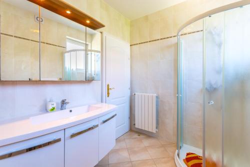 a bathroom with a sink and a shower at Apartments Lucie in Premantura