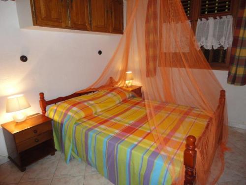 a bedroom with a bed with a mosquito net at Villas Créoles in Sainte-Anne