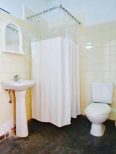 a bathroom with a white shower curtain and a toilet at IDEAL SOCIAL Hostel in Buenos Aires
