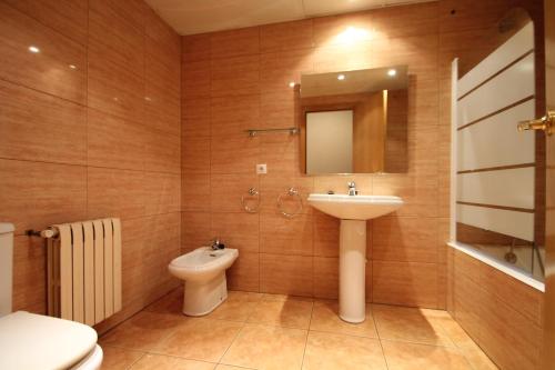 a bathroom with a sink and a toilet and a mirror at Pont de Toneta 1,1 Ransol, Zona Grandvalira in Ransol
