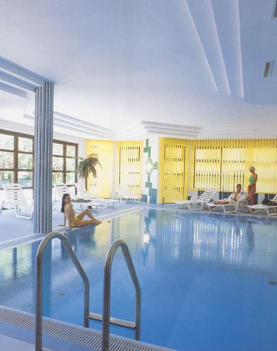 a large swimming pool with people sitting around it at Appartementhaus Bergland in Obsteig