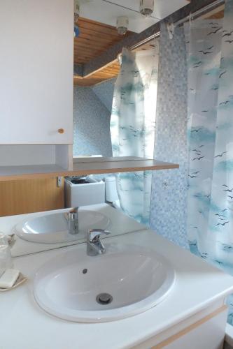 un comptoir de salle de bain avec un lavabo et un miroir dans l'établissement Gîte rustique sous combles, à Merxheim