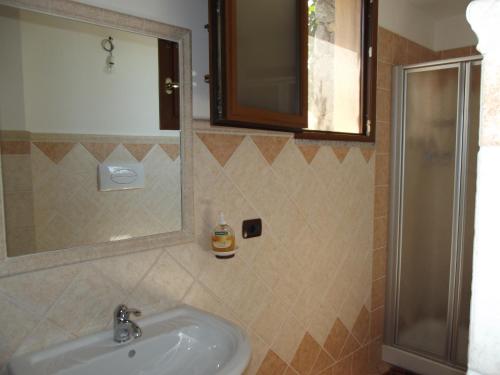 une salle de bain avec un lavabo, un miroir et une douche dans l'établissement Casa Elena, à Cala Gonone