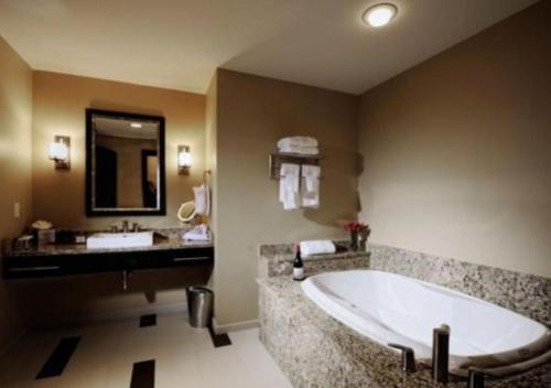 
a bathroom with a tub, sink, mirror and bathtub at The Mayo Hotel in Tulsa
