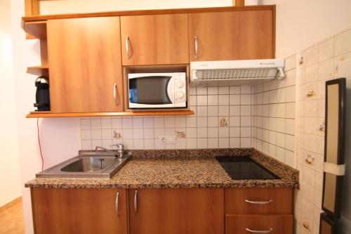 a kitchen with a sink and a microwave at Pont de Toneta 2,2 Ransol, Zona Grandvalira in Ransol
