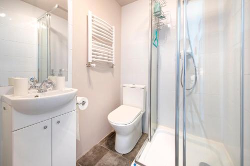 a bathroom with a toilet sink and a shower at Apartament Zamkowy in Lądek-Zdrój
