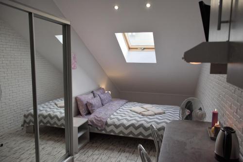 リヴィウにあるCentral Mansard Studiosのベッドと窓が備わる小さな屋根裏部屋です。
