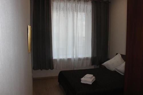 アルハンゲリスクにあるApartment Alpha on Naberezhnoy 52のベッドルーム1室(ベッド1台付)、窓(タオル付)