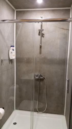 a shower with a glass door in a bathroom at Espaço Roteiro de Mimos in São Vicente Ferreira