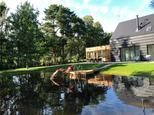a person swimming in a pond in front of a building at Kassari-Nurga Holiday homes in Kassari
