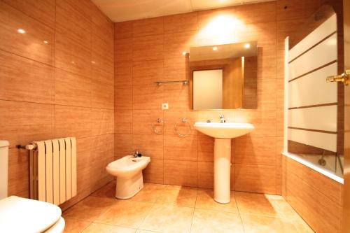 ein Badezimmer mit einem Waschbecken, einem WC und einem Spiegel in der Unterkunft Pont de Toneta 3,4 Ransol, Zona Grandvalira in Ransol
