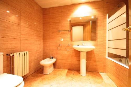 a bathroom with a sink and a toilet and a mirror at Pont de Toneta 3,5 Ransol, Zona Grandvalira in Ransol