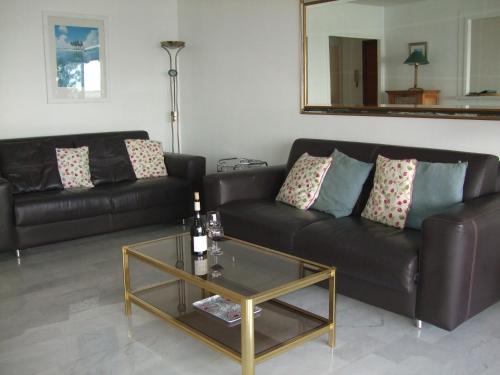 uma sala de estar com um sofá de couro e uma mesa de vidro em L'Agrianthe em Villefranche-sur-Mer