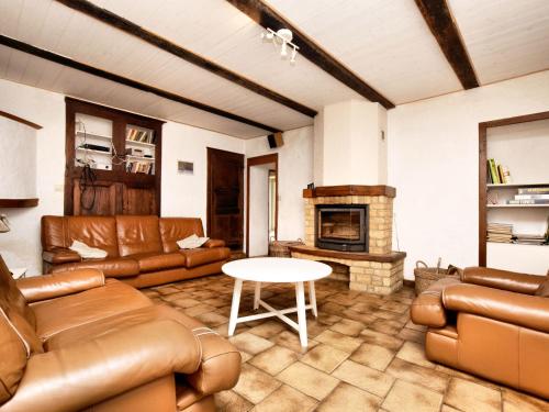 Elle comprend un salon doté d'un mobilier en cuir et d'une cheminée. dans l'établissement Fine group house with sauna garden, à Chiny
