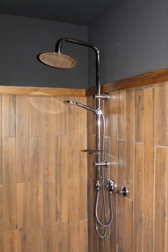 a shower with a shower head on a wooden wall at The Lodge in San Siro