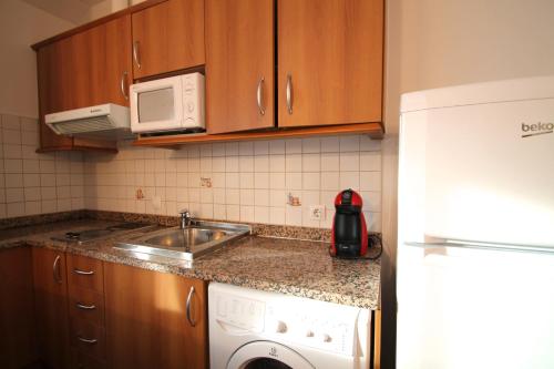 uma cozinha com uma máquina de lavar roupa, um lavatório e um frigorífico em Pont de Toneta 6,2 Ransol, Zona Grandvalira em Ransol